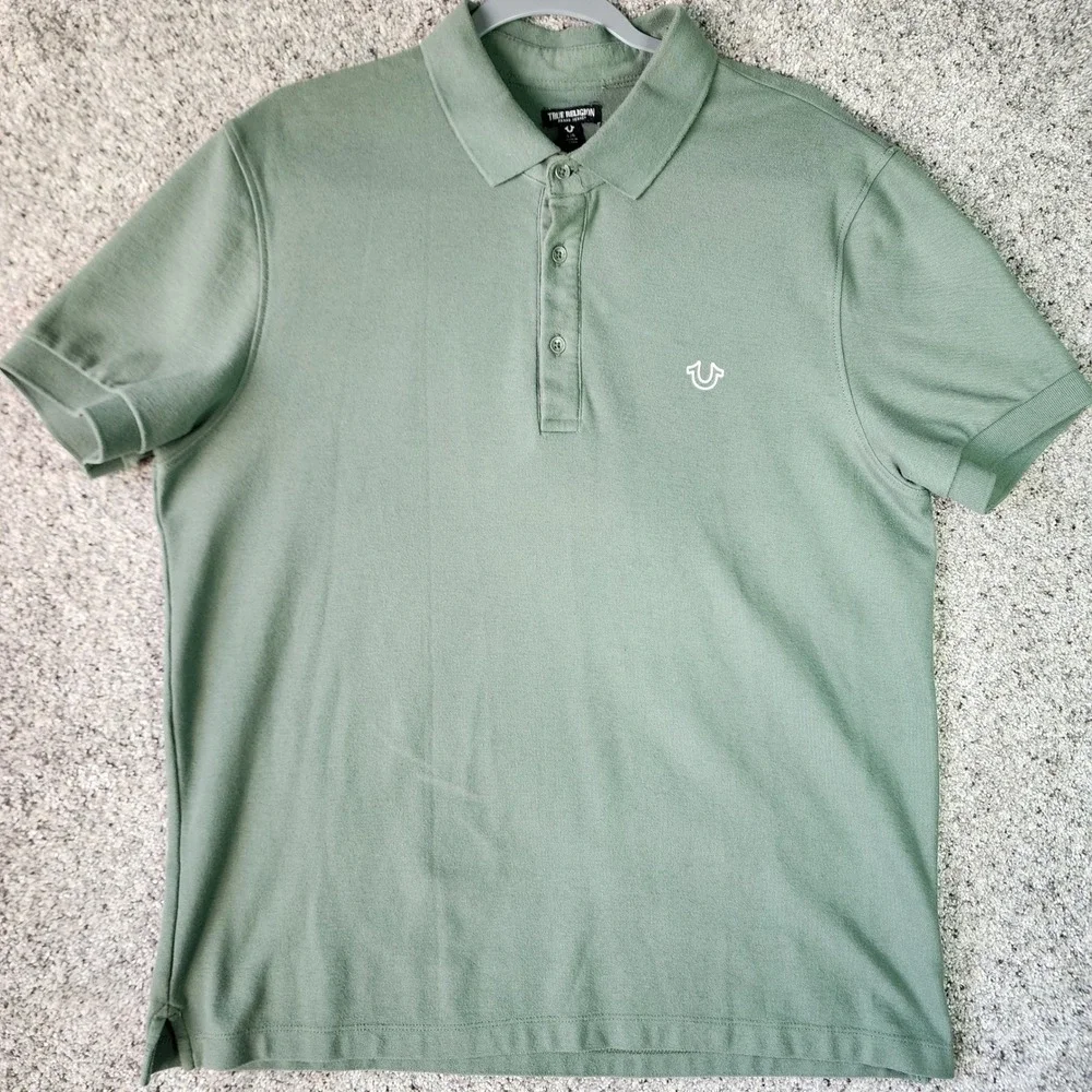 True Religion Polo Shirt Mens Large Green Short Sleeve Horseshoe Logo‎ Excellent